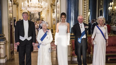 US President Donald Trump, Queen Elizabeth II, First Lady Melania Trump, Prince Charles Prince of Wales and Camilla Duchess of Cornwall attend a State Banquet at Buckingham Palace in London, England. Getty Images