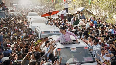 Myanmar’s opposition leader Aung San Suu Kyi is the favourite to win the country’s general election but she is barred from the presidency. Ye Aung Thu / AFP