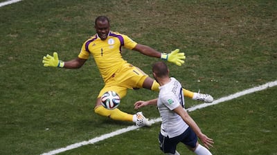 France's Karim Benzema attempts to score against Nigeria's goalkeeper Vincent Enyeama during their 2014 World Cup round of 16 match on Monday. David Gray / Reuters / June 30, 2014
