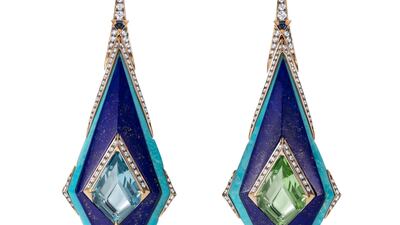 A pair of earrings by Noor Fares, crafted from gold, lapis lazuli, turquoise, aquamarine, green beryl, blue sapphire and white diamonds. Courtesy Sotheby's