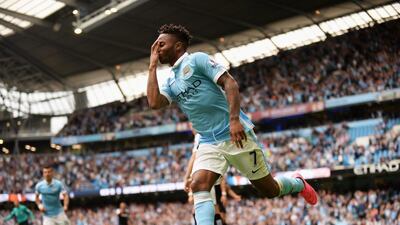 Raheem Sterling of Manchester City celebrates scoring his team's first goal in their win over Watford on Saturday at the Etihad Stadium. Tony Marshall / Getty Images / August 29, 2015