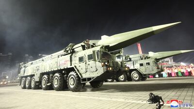 A KN-18 missile at the parade to mark the 90th anniversary of the Korean People's Revolutionary Army. EPA