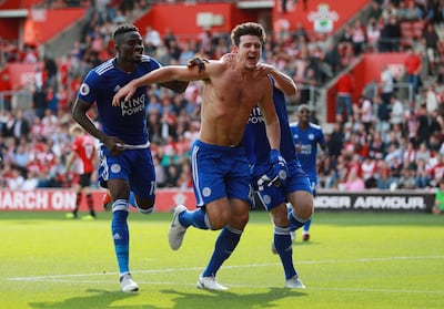 Soccer Football - Premier League - Southampton v Leicester City - St Mary's Stadium, Southampton, Britain - August 25, 2018 Leicester City's Harry Maguire celebrates with Daniel Amartey after scoring their second goal REUTERS/Ian Walton EDITORIAL USE ONLY. No use with unauthorized audio, video, data, fixture lists, club/league logos or "live" services. Online in-match use limited to 75 images, no video emulation. No use in betting, games or single club/league/player publications. Please contact your account representative for further details.