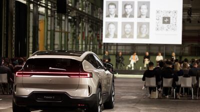 A Polestar 3 on display at Denmark's Train Workshop venue.