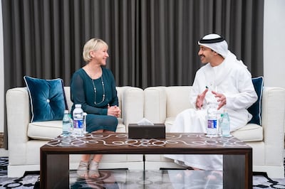 Sheikh Abdullah bin Zayed, Minister of Foreign Affairs and International Cooperation, meets Margot Wallstrom, the Minister for Foreign Affairs of Sweden, in Abu Dhabi on Tuesday. Wam