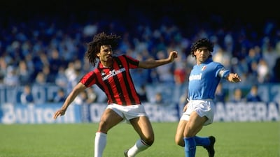 Milan's Ruud Gullit up against Diego Maradona of Napoli in a 1988 Serie A match. Milan won the game in Naples 3-2. Allsport