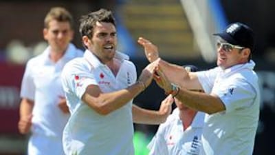 James Anderson, left, celebrates dismissing the Australia batsman Shane Watson on the final dy of the third Ashes Test at Edgbaston.
