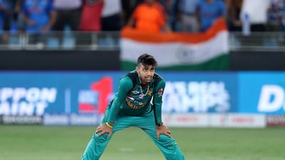 Pakistan's Shadab Khan looks disappointed.