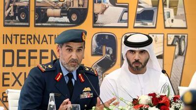 Staff Major General Pilot Faris Al Mazrouei, the chairman of the Higher Organising Committee of Idex 2017 and Navdex 2017, with Humaid Al Dhaheri, the group chief executive of Abu Dhabi National Exhibitions Company, spoke during a press conference on Wednesday for the upcoming Idex 2017 and Navdex 2017 Conferences to be held at Adnec in Abu Dhabi from Sunday, February 19. Delores Johnson / The National