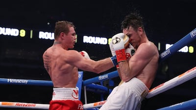 DCanelo Alvarez (red) and Callum Smith during their WBA, WBC and Ring Magazine super middleweight championship bout at the Alamodome in San Antonio. USA Today