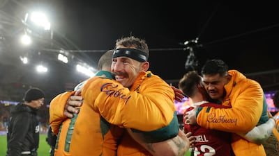 Nic White embraces Wallabies teammate Dylan Pietsch after victory in the third Test of the series against the British & Irish Lions at Accor Stadium in Sydney on Saturday, August 2, 2025. Getty Images
