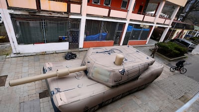 An inflatable decoy of an Abrams tank in Decin, Czech Republic. AP