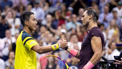 Rafael Nadal, right, greets Rinky Hijikata at the net following the Spaniard's first round victory at the 2022 US at the USTA Billie Jean King National Tennis Center in New York, on August 30, 2022. AFP