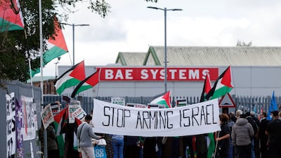 Pro-Palestinian campaigners demonstrated outside weapons manufacturer BAE Systems's Rochdale site on Tuesday. Getty Images