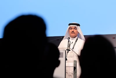 Dr Amin Al-Amiri, Assistant Undersecretary for Public Health Policy and Licensing at the Ministry of Health, during a keynote address at the Health Care Middle East and North Africa medical conference. Jeffrey E Biteng / The National