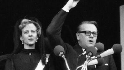 Princess Margrethe is proclaimed Queen of Denmark by Danish prime minister Jens Otto Krag on the balcony of Christiansborg Castle in 1972. EPA