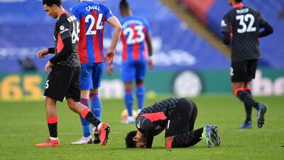 Liverpool's Mohamed Salah celebrates scoring in the 7-0 win at Crystal Palace on December 19. Getty