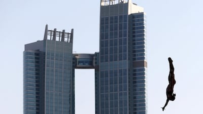 Abu Dhabi, United Arab Emirates - November 10, 2018: Alberto Sevora Ramos of Spain competes in the final of the mens section at the Fina High Board Diving World Cup. Saturday, Novemeber 10th, 2018 at the Abu Dhabi Yacht and Sailing Club, Abu Dhabi. Chris Whiteoak / The National