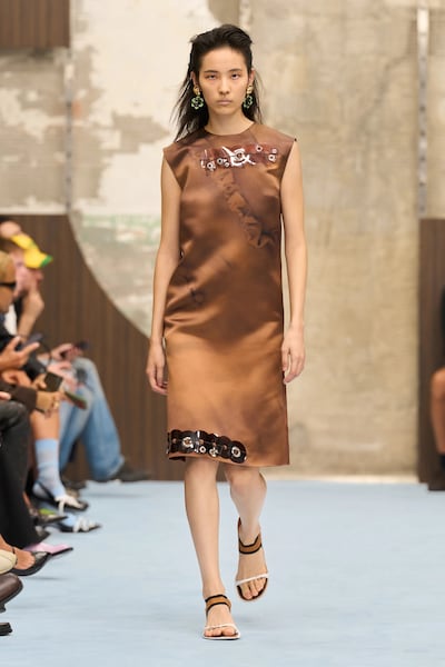 Meryll Rogge explores the idea of the unfinished, with exposed details and interrupted embroidery. Photo: Marni