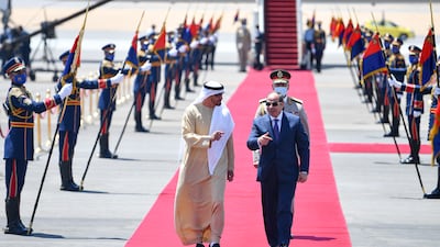 President Sheikh Mohamed is received by Abdel Fattah El Sisi, President of Egypt, on arrival at Al Alamein. All photos: Presidential Court