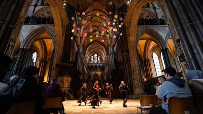 Alrowwad Dabka Dance group in Salisbury Cathedral, the main part of which dates back to the early 13th century