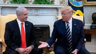 US President Donald Trump shakes hands with Prime Minister of Israel Benjamin Netanyahu. EPA