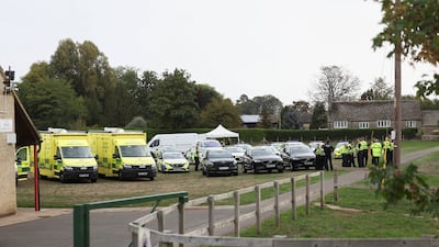 Emergency vehicles in the area surrounding RAF Fairford, where a major incident was declared and several men were arrested on suspicion of offences under the Explosives Act. Reuters