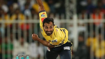 Wahab Riaz of Peshawar Zalmi bowling against Islamabad United in the Pakistan Super League T20 match at Sharjah Cricket Stadium in Sharjah. ( Pawan Singh / The National )