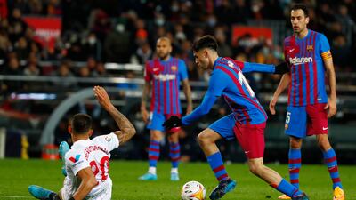 Pedri controls the ball before scoring the opening goal for Barcelona. AP