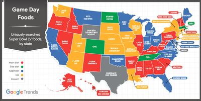 Uniquely searched Super Bowl foods, by state. Courtesy Google Trends