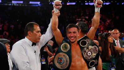 Kazakh boxer Gennady Golovkin celebrates after his win over Daniel Geale on Saturday in New York City. Mike Stobe / Getty Images / AFP / July 26, 2014