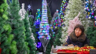 A woman selling Christmas trees, Zhejiang Province, China, December 11. EPA