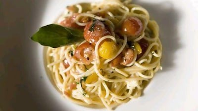 Spaghetti a la Sorentina, which includes tomatoes and melted mozzerella.