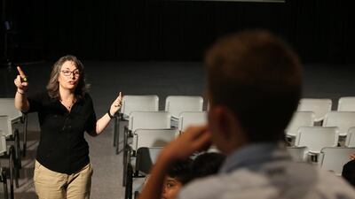 Child protection expert Teresa Hughes outlines internet dangers for pupils at Jumeirah English Speaking School. Pawan Singh / The National