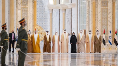 Emirati ministers and senior officials together at Qasr Al Watan. Rashed Al Mansoori / Ministry of Presidential Affairs