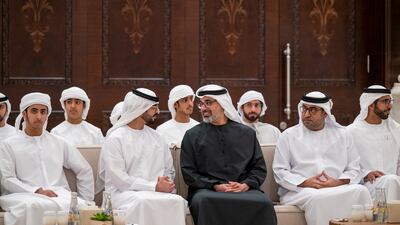 Sheikh Khaled bin Mohamed, Crown Prince of Abu Dhabi and Chairman of Abu Dhabi Executive Council, Sheikh Shakhbout bin Nahyan, Minister of State, Sheikh Mohamed bin Hamdan bin Zayed, and other sheikhs. Abdulla Al Bedwawi / UAE Presidential Court