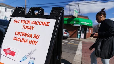 A sign promoting Covid-19 vaccines outside a clinic in Providence, Rhode Island, on March 3. AP