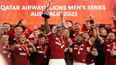 Maro Itoje of the British and Irish Lions lifts the winners trophy in Sydney. Getty Images