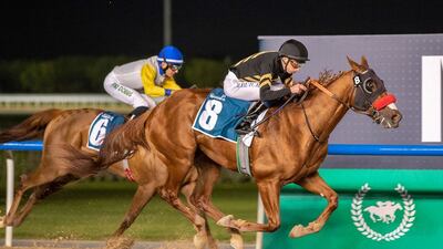 William Buick on Tall Boy won the UAE 2000 Guineas in the Dubai World Cup Carnival meeting at Meydan on Friday, February 10, 2023. Photo: Adiyat Racing Plus
