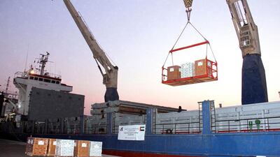 A ship carrying relief supplies from the UAE including 4,000 tonnes of food and rations is unloaded at Aden port. Wam / August 16, 2015