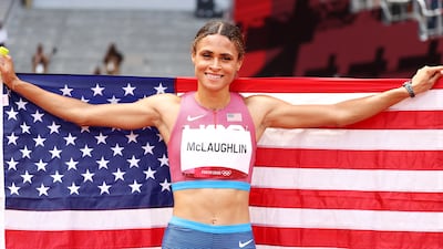 Winner Sydney McLaughlin of the US celebrates after winning the Women's 400m Hurdles.