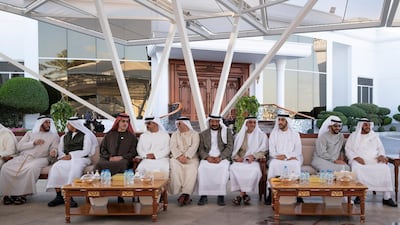 (R-L) Sheikh Mohamed bin Butti, Sheikh Hamdan bin Zayed, Ruler’s Representative in Al Dhafra Region, Sheikh Abdullah bin Rashid Al Mualla, Deputy Ruler of Umm Al Quwain, Sheikh Saif bin Zayed, Deputy Prime Minister and Minister of Interior, Sheikh Saeed bin Mohamed, Dr Anwar Gargash, Minister of State for Foreign Affairs, Sheikh Hamed bin Zayed, Chairman of the Crown Prince Court of Abu Dhabi and Abu Dhabi Executive Council Member, Sheikh Marwan Al Mualla, Sheikh Khaled bin Zayed, Chairman of the Board of Zayed Higher Organisation for Humanitarian Care and Special Needs and Sultan Al Khatri, attend a Sea Palace barza. Mohamed Al Hammadi / Ministry of Presidential Affairs