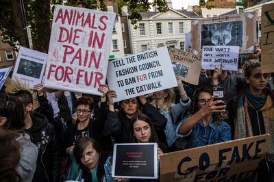 Animal-rights activists stage a protest at London Fashion Week in 2017. AP