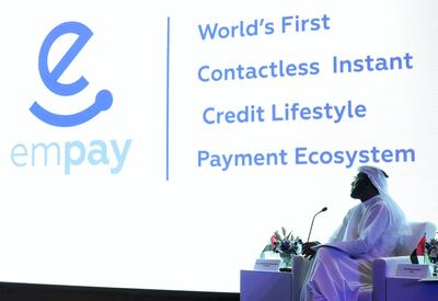 Ali Ibrahim, deputy director general of Dubai Economy, and chairman and managing director of Empay, attends the launch of the app in Dubai on Sunday. Chris Whiteoak / The National