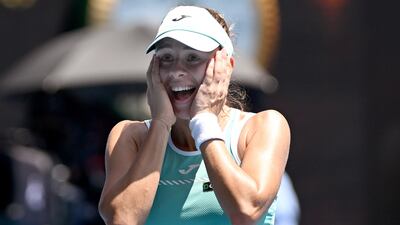 Magda Linette celebrates her victory over Karolina Pliskova in the quarter-finals of the Australian Open at Melbourne Park. EPA