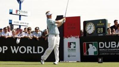 Ross McGowan hits his tee shot off the first hole during the third round of the Dubai World Championship in November.