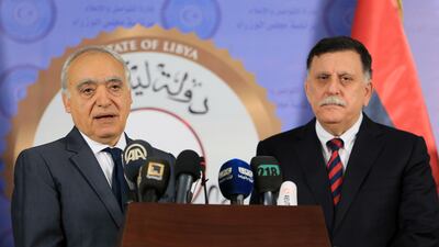 Ghassan Salame, the UN special envoy for Libya, with prime minister Fayez Al Sarraj of the UN-backed Government of National Accord during his first visit to Tripoli since being appointed to the post. Mahmud Turkia / AFP / August 5, 2017