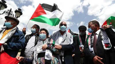 Leader of Tunisia's Popular Front and spokesman of the Tunisian Workers' Party Hamma Hammami and his wife lawyer Radhia Nasraoui during a demostration in solidarity with Palestinians in Tunis. EPA
