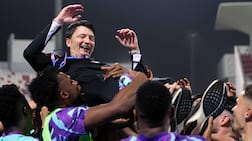 Al Ain head coach Vladimir Ivić celebrates winning the league after the game between Sharjah and Al Ain in the UAE Pro League. Sharjah Stadium, Sharjah. Chris Whiteoak / The National