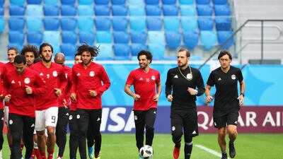 Egypt's Mohamed Salah, third right, and his teammates attends their training session in St. Petersburg, Russia, on June 18, 2018. Tolga Bozoglu / EPA